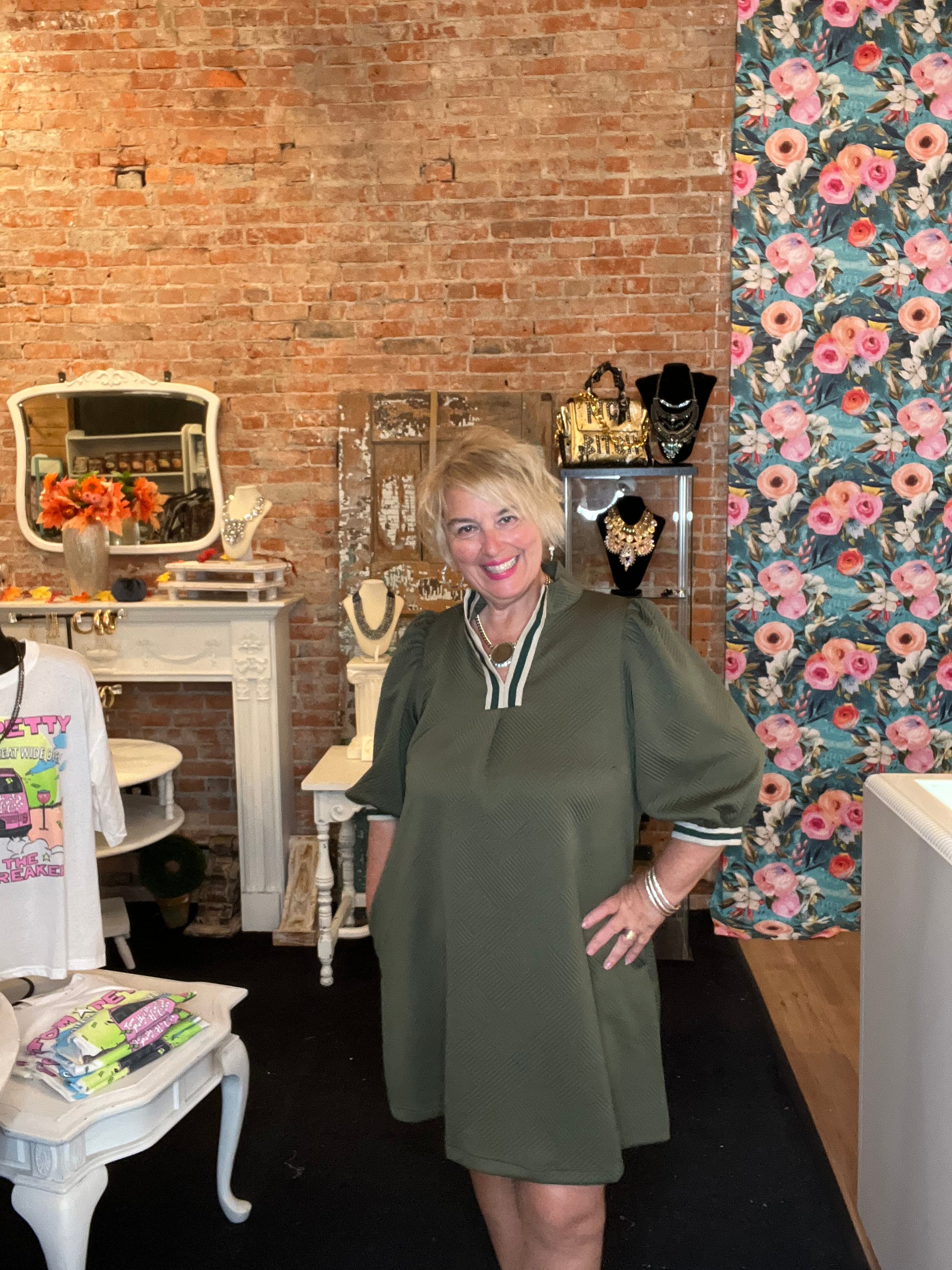 Olive Green quilted dress with contrast trim details