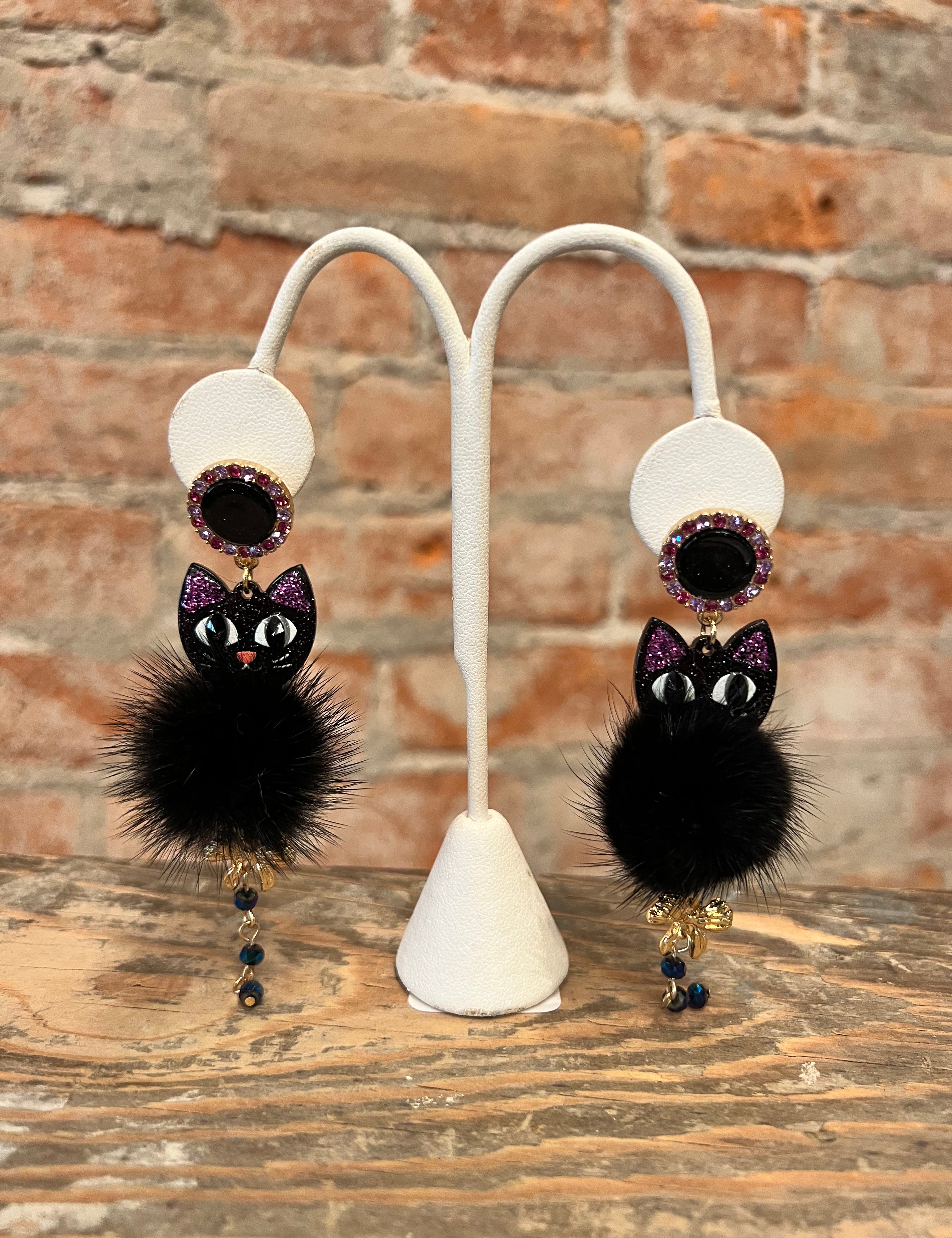 Black Cat Puffball Earrings