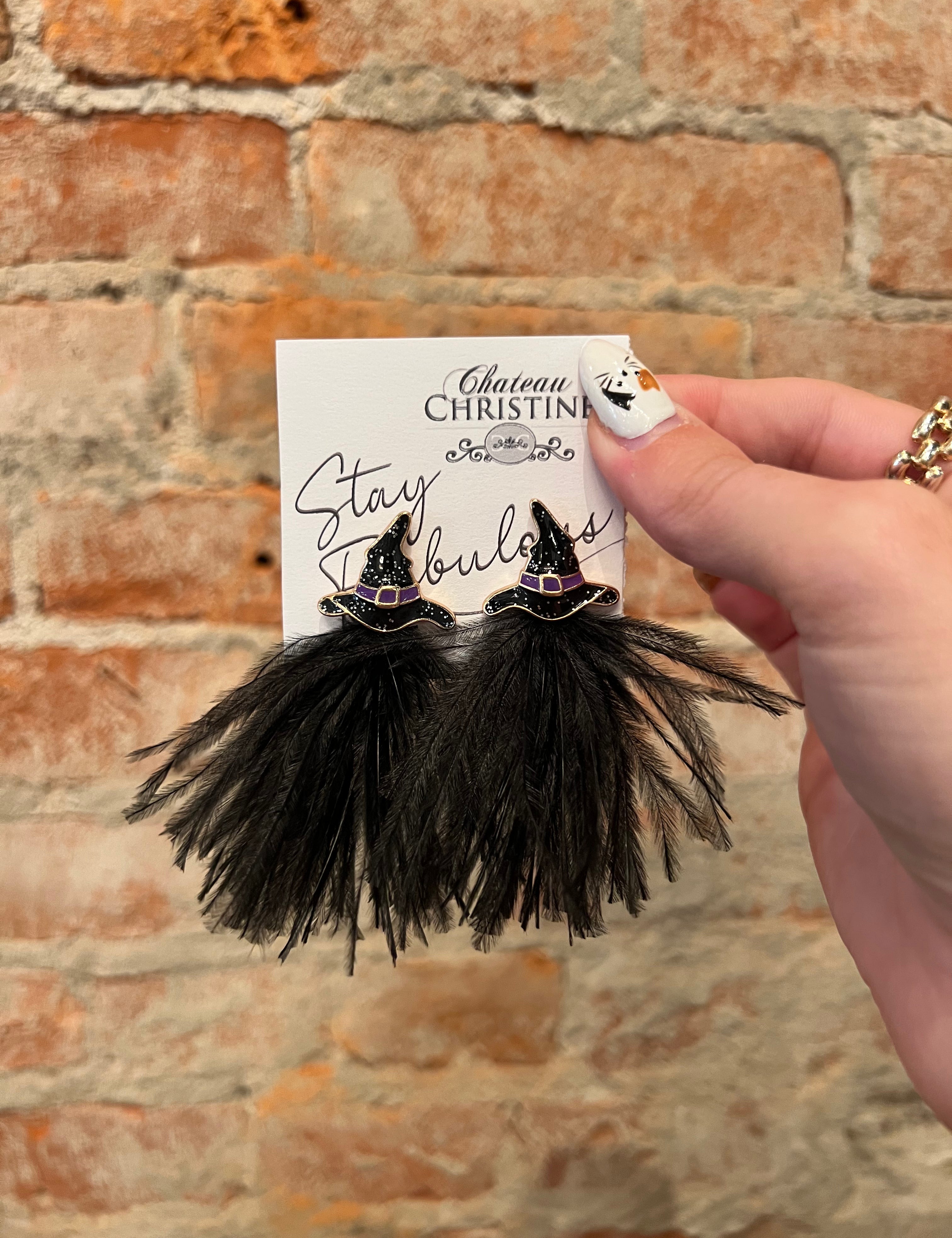 Witch Hat Feather Earrings