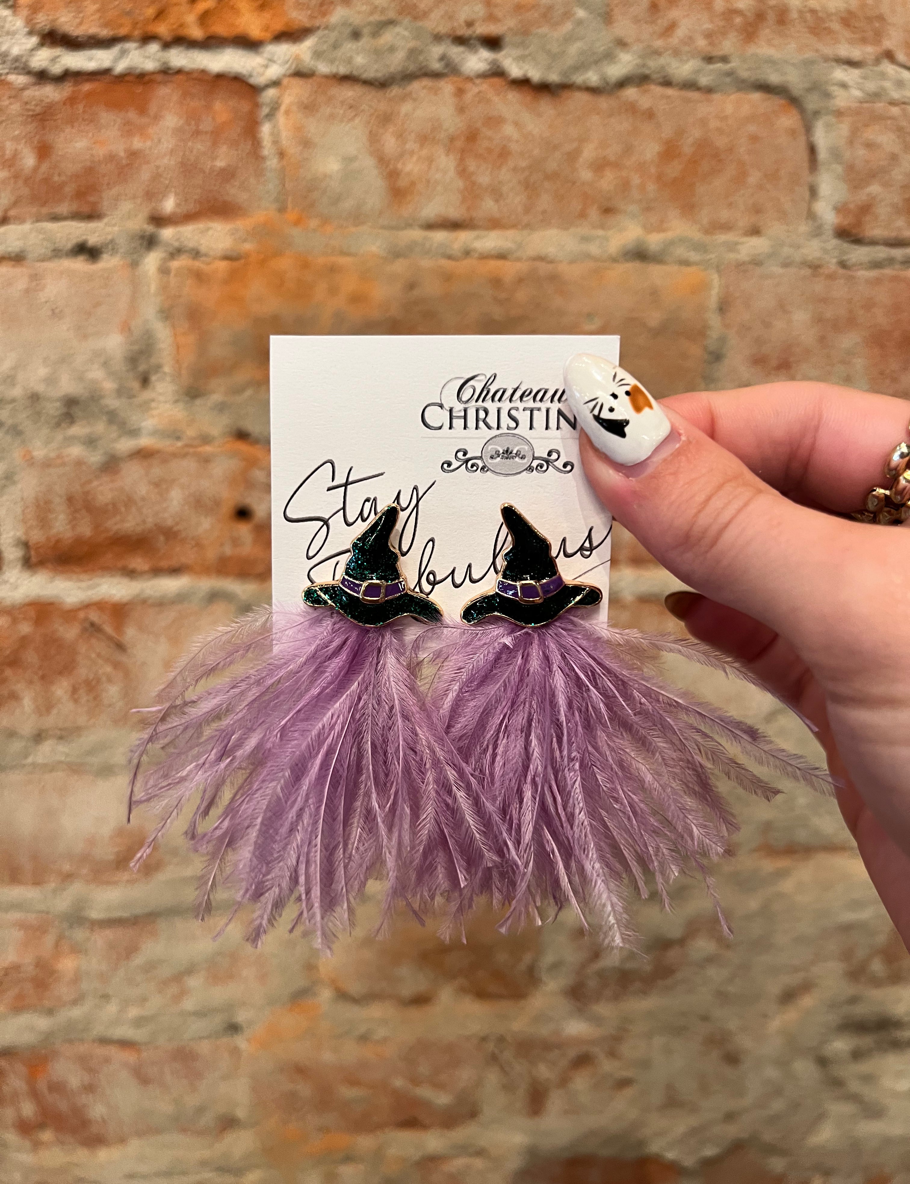 Witch Hat Feather Earrings