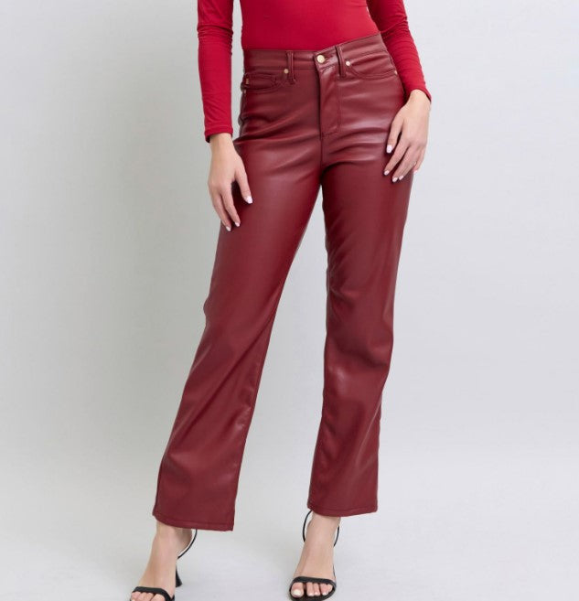 Judy Blue - Cranberry Faux Leather Straight Leg Jeans