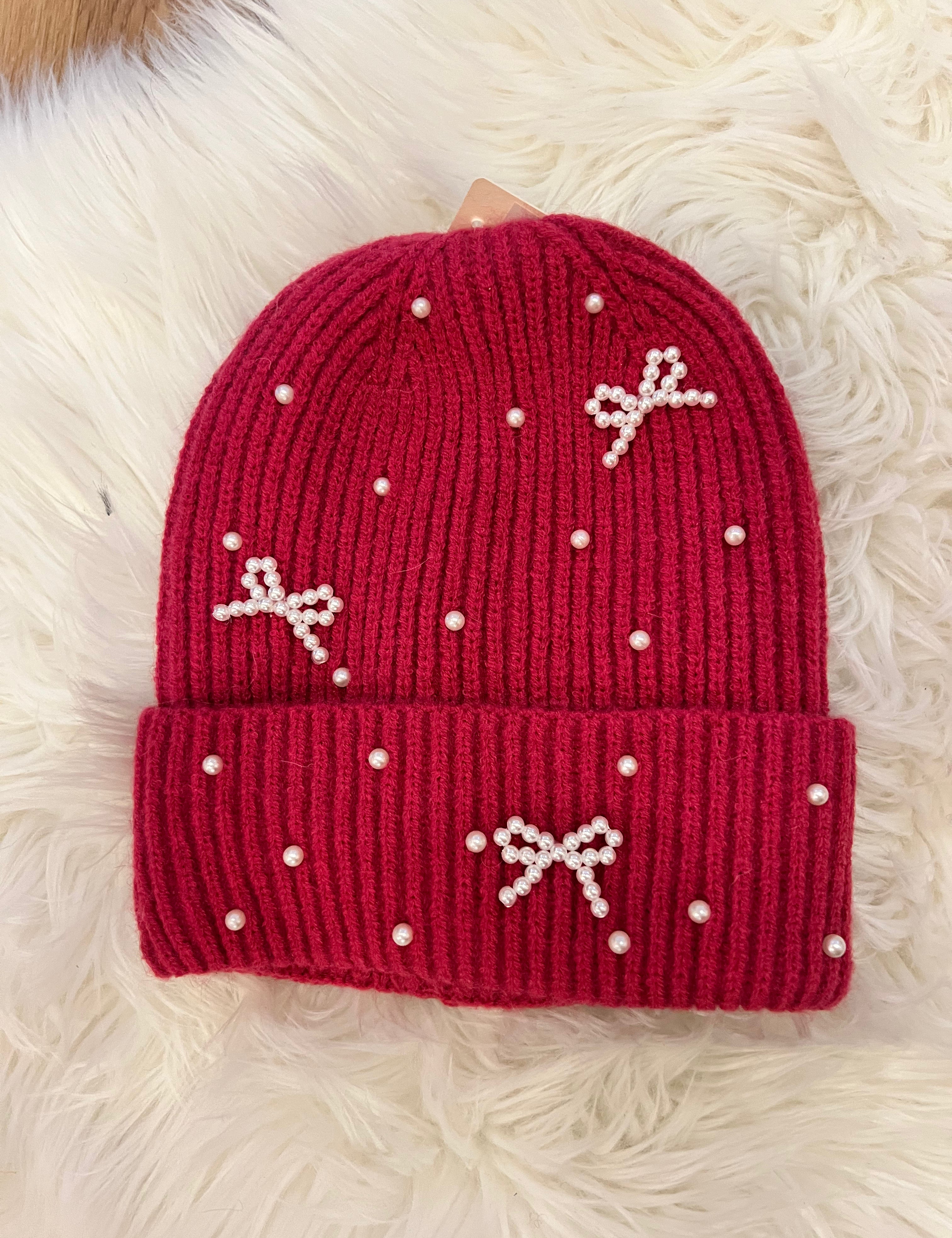 Pearl Bows Knit Beanie