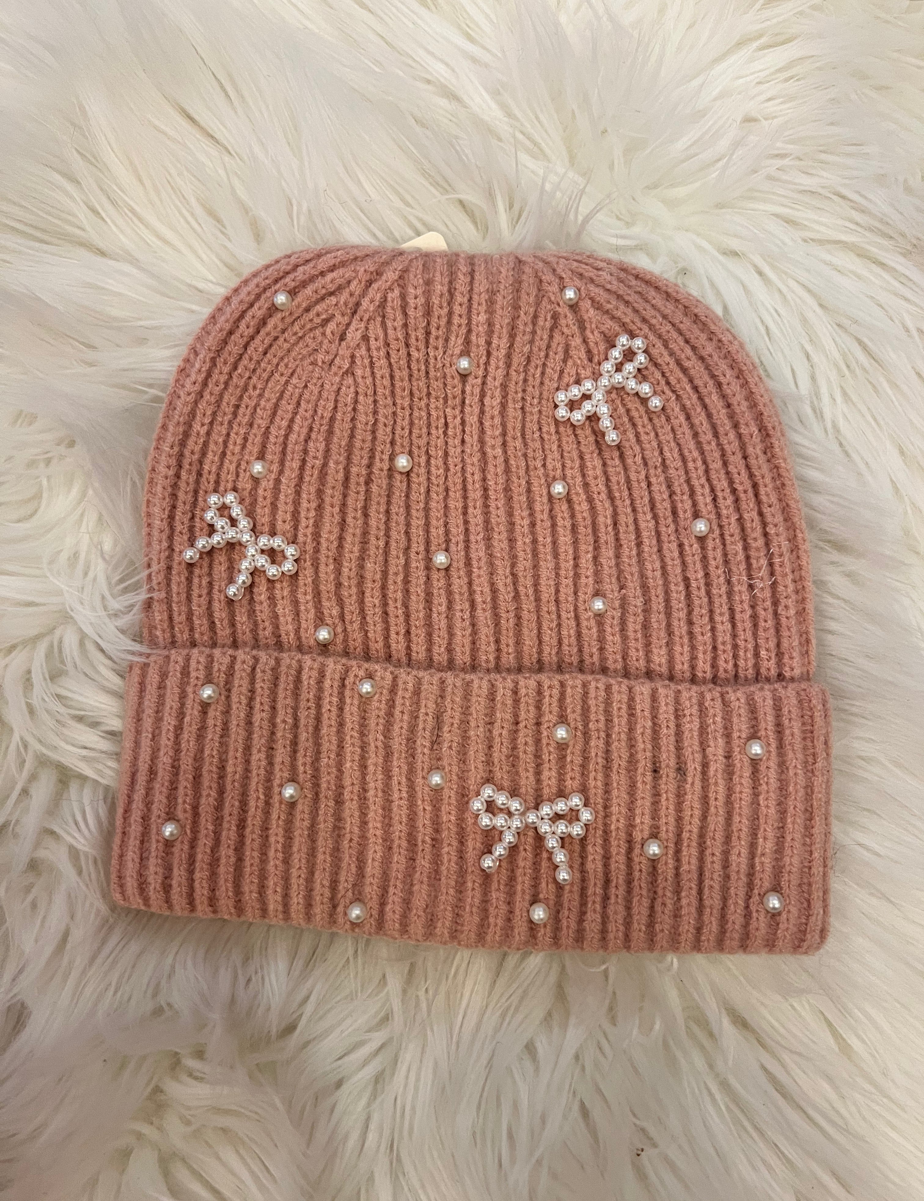 Pearl Bows Knit Beanie