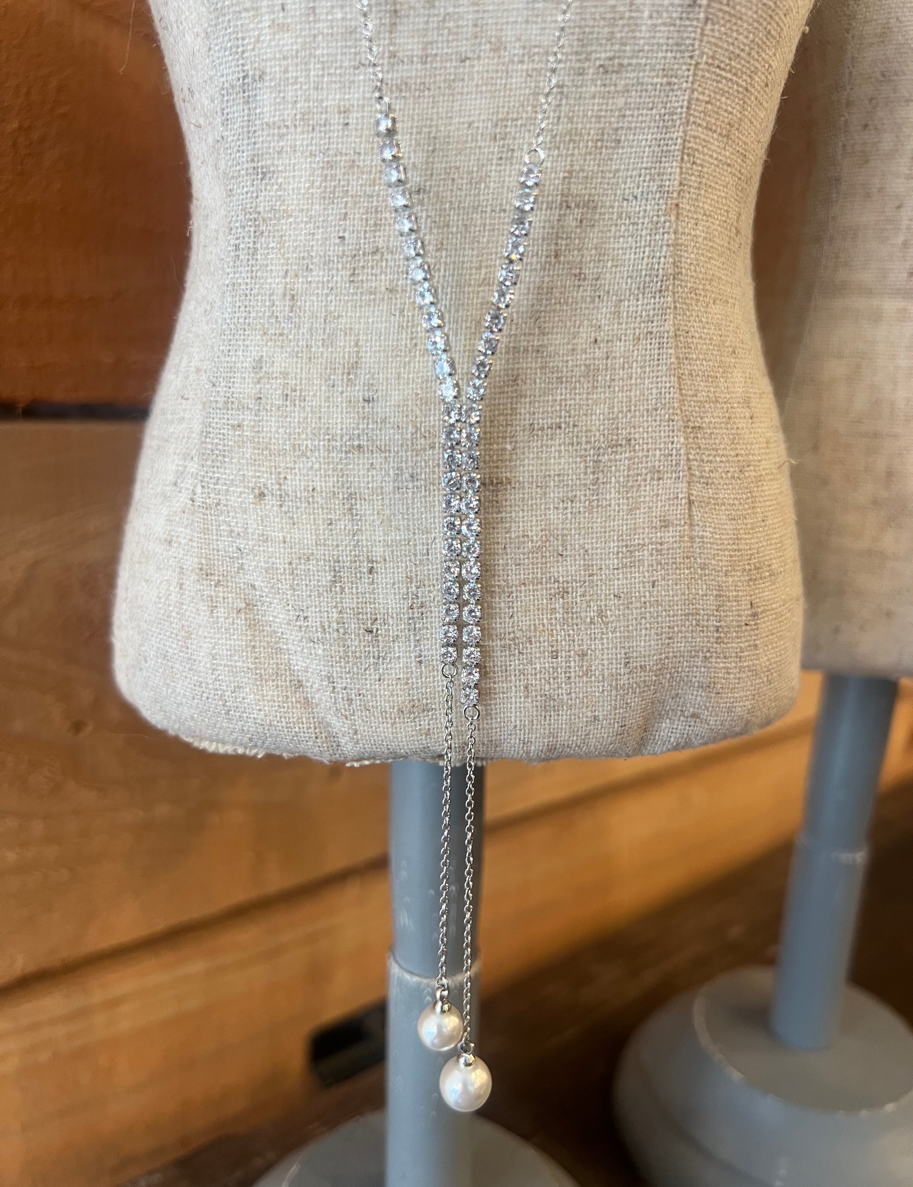 Double Pearl & Rhinestone Drop Necklace