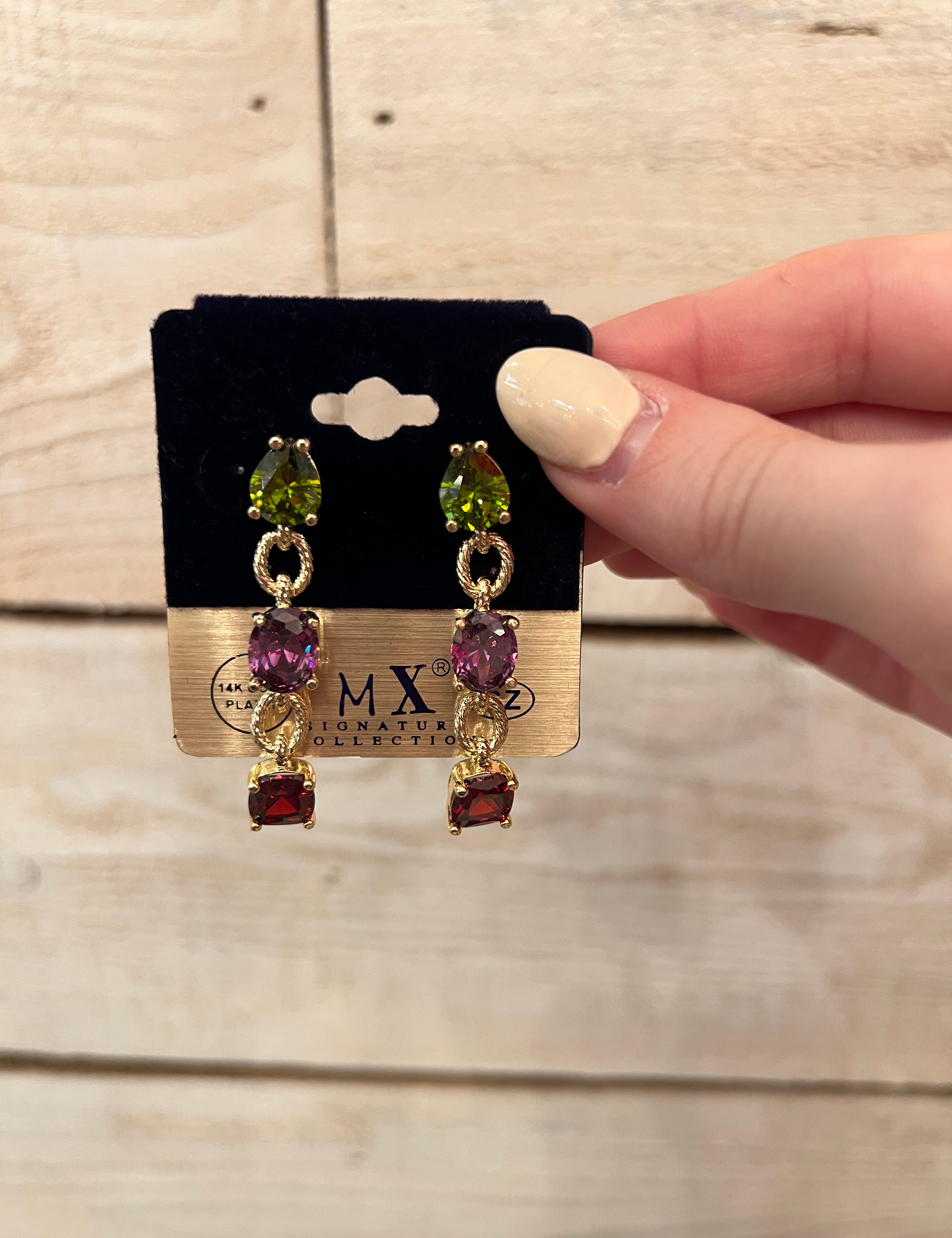 Tri-Color Gem Dangle Earrings