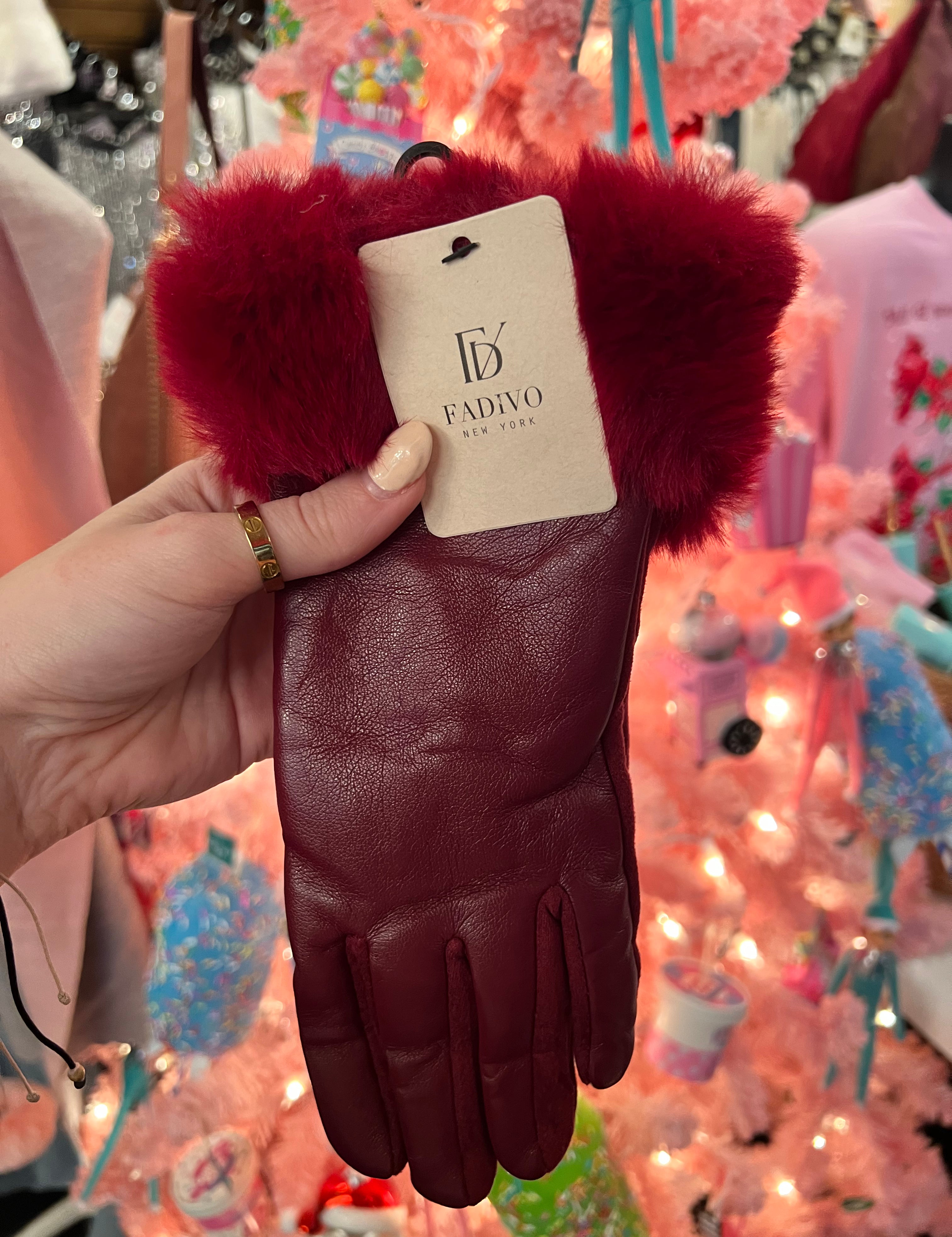 Burgundy Leather Fur Trimmed Glove