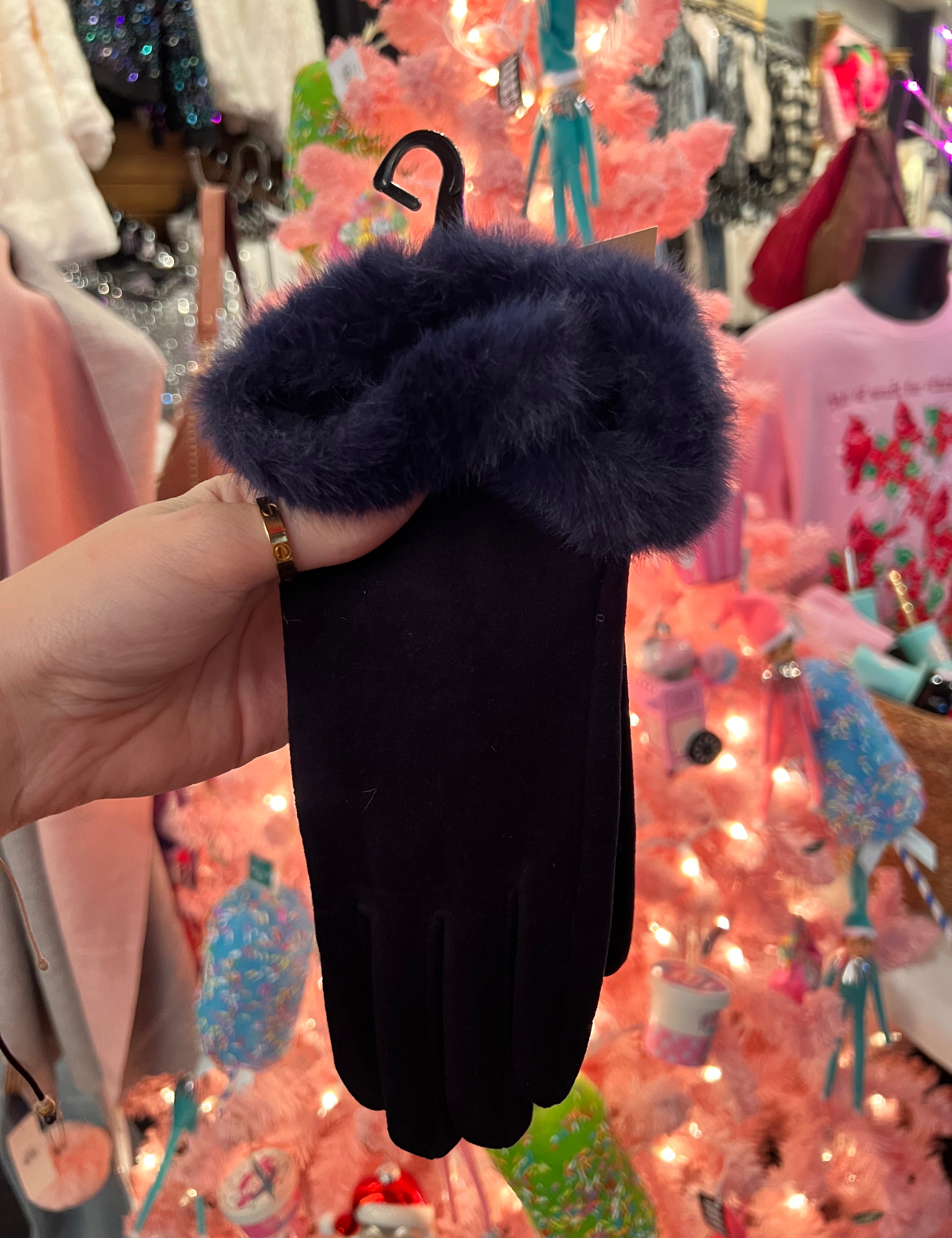 Fur Trimmed Suede Gloves