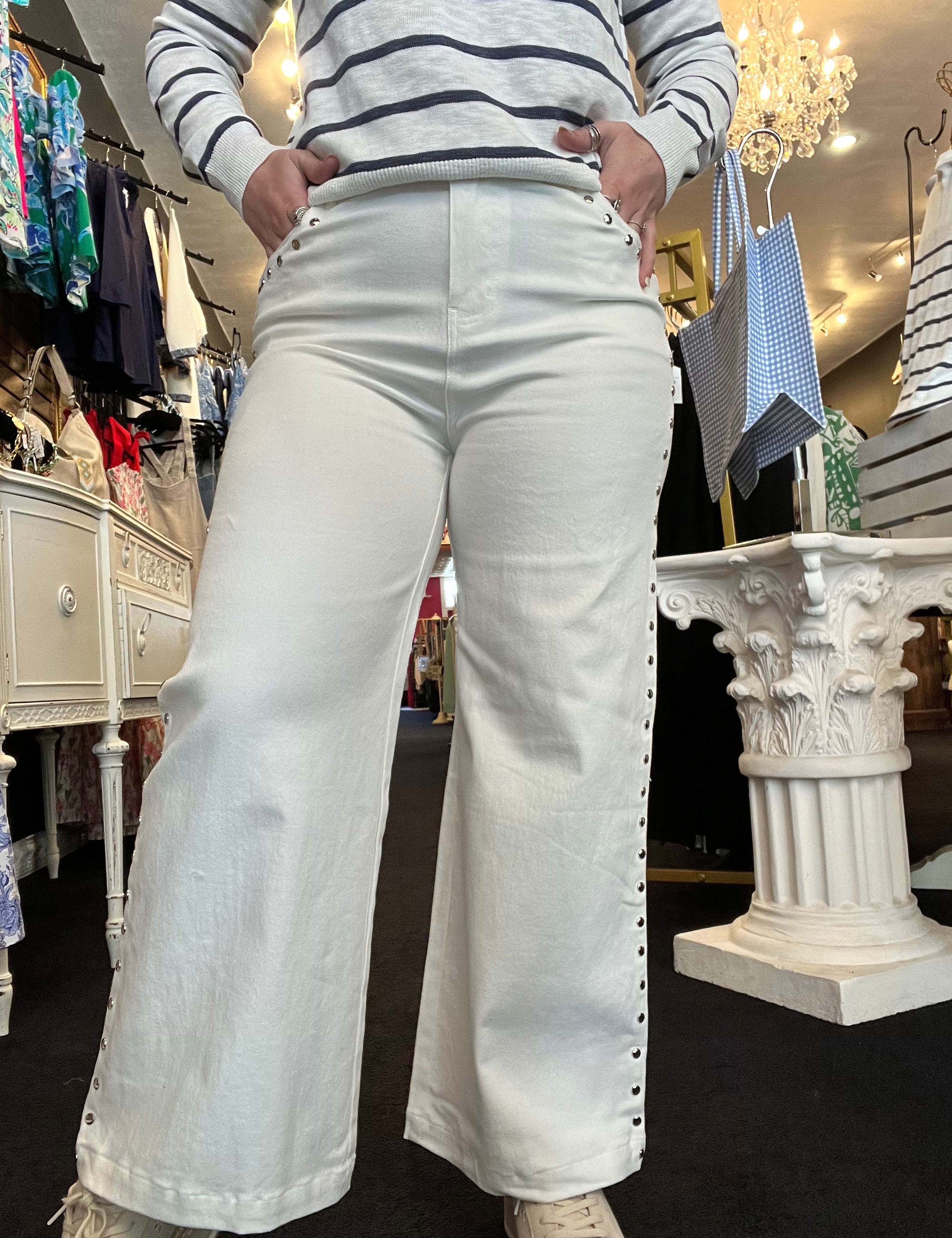 Stud Embellished White Jeans