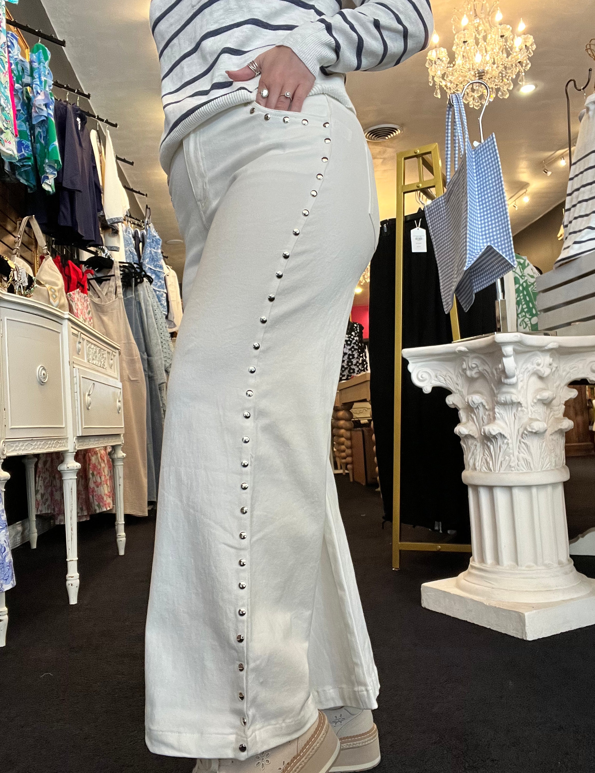 Stud Embellished White Jeans