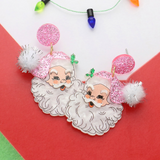Pink Glittered Resin Pom Santa Dangle Earrings