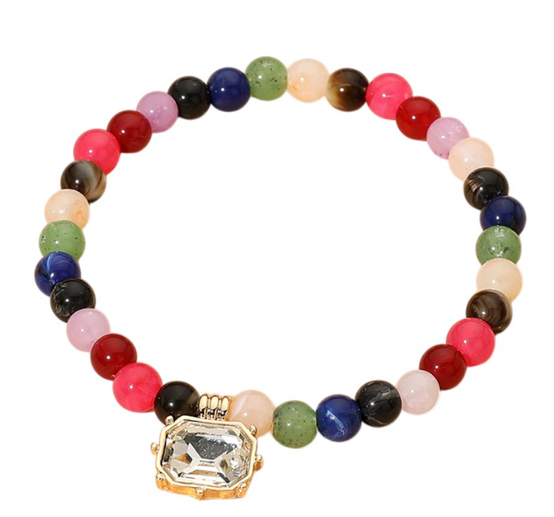 Multi-Color Faceted Rectangular Charm Round Beaded Stretch Bracelet