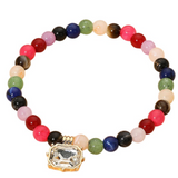 Multi-Color Faceted Rectangular Charm Round Beaded Stretch Bracelet