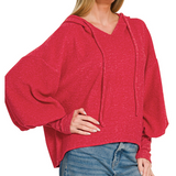 Red Soft Brushed Hacci Cropped Balloon Sleeve Hoodie