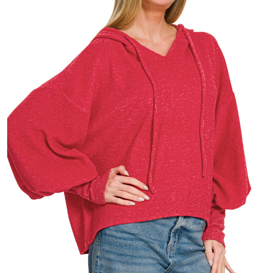 Red Soft Brushed Hacci Cropped Balloon Sleeve Hoodie