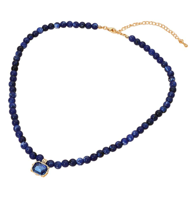 Faceted Rectangular Pendant Accent Round Beaded Necklace