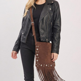 Vintage Dark Brown Studded Faux Suede Fringe Western Crossbody Bag