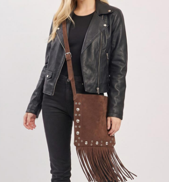 Vintage Dark Brown Studded Faux Suede Fringe Western Crossbody Bag