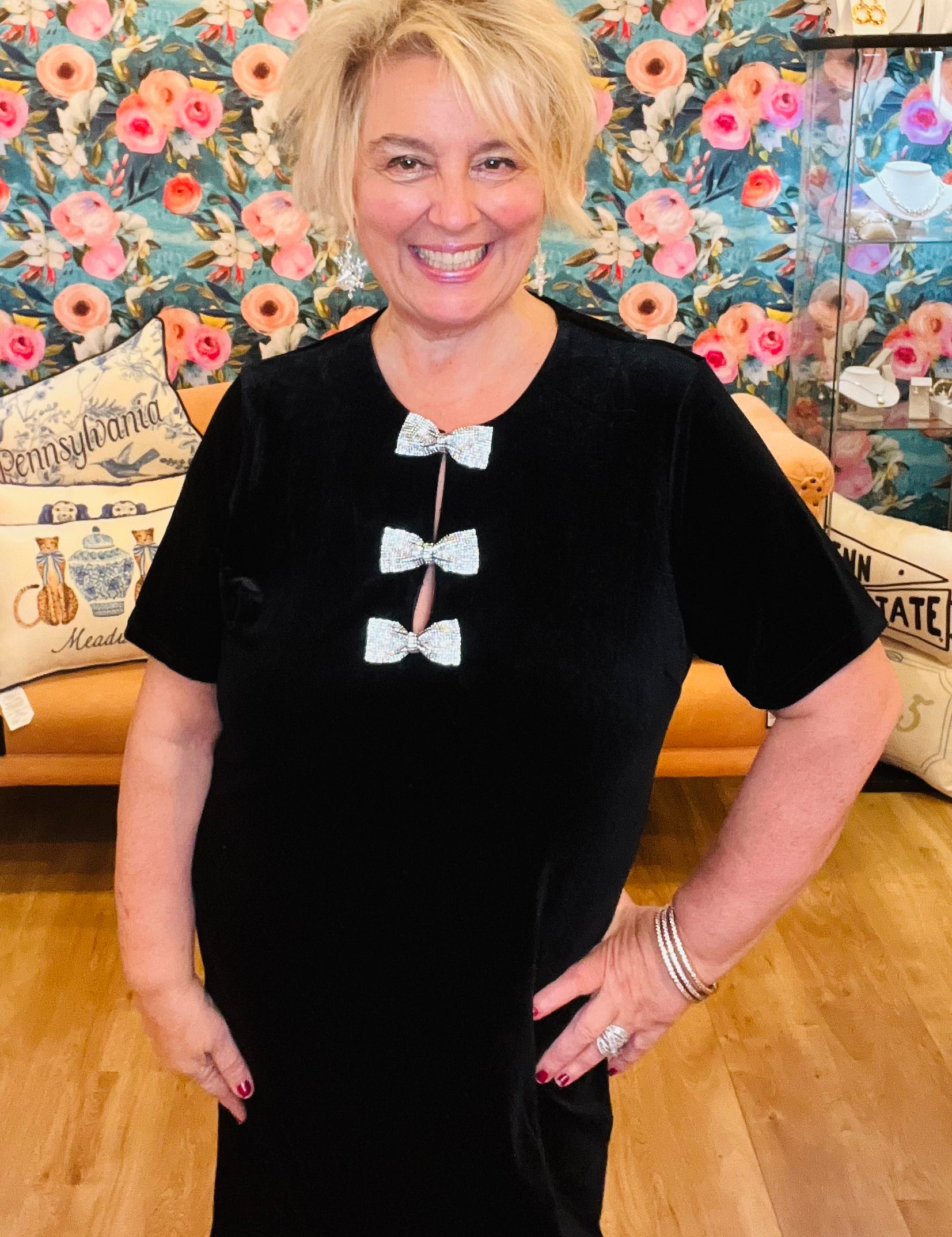 Christine in black velvet bow dress