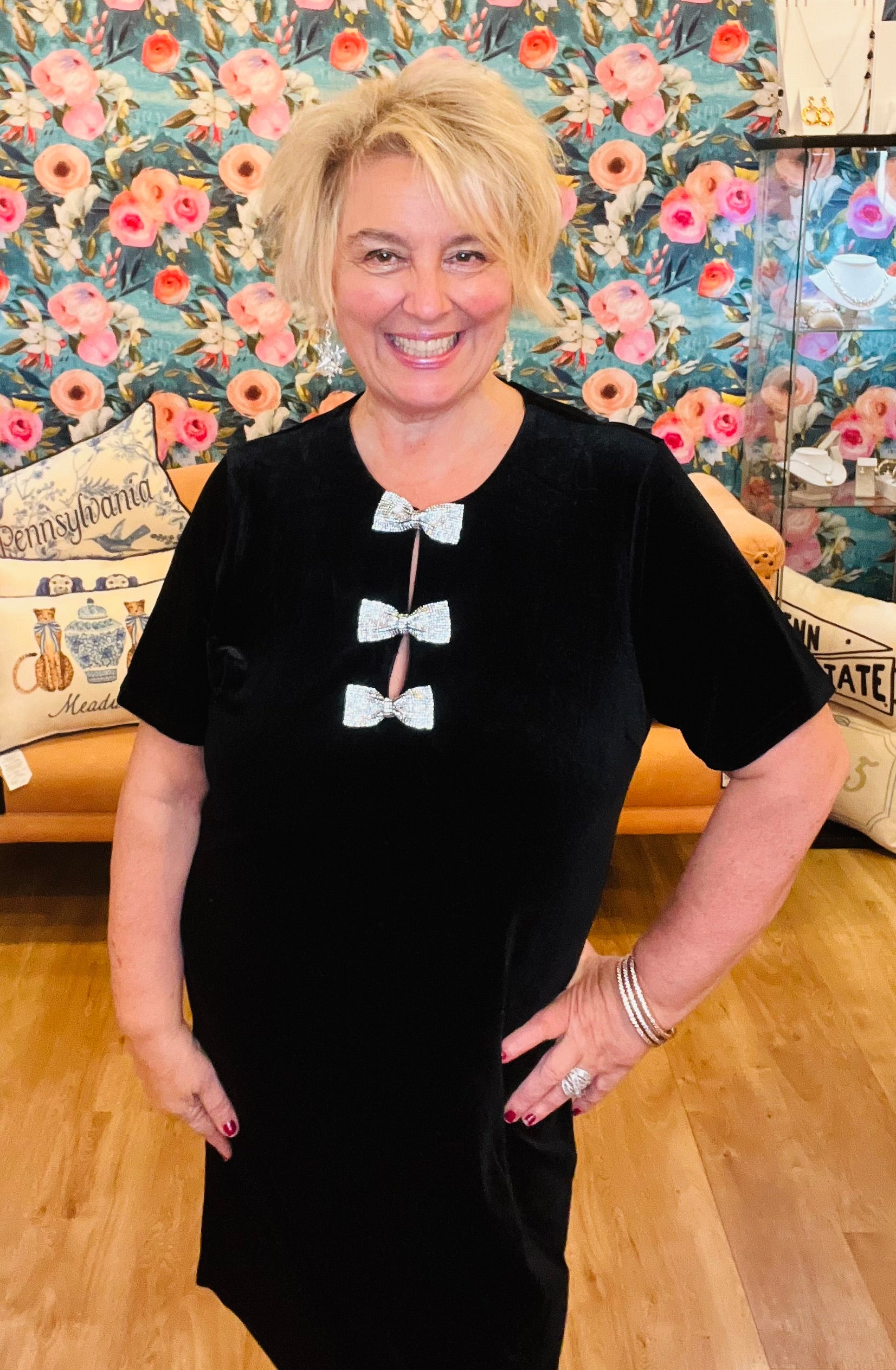 Christine in black velvet bow dress