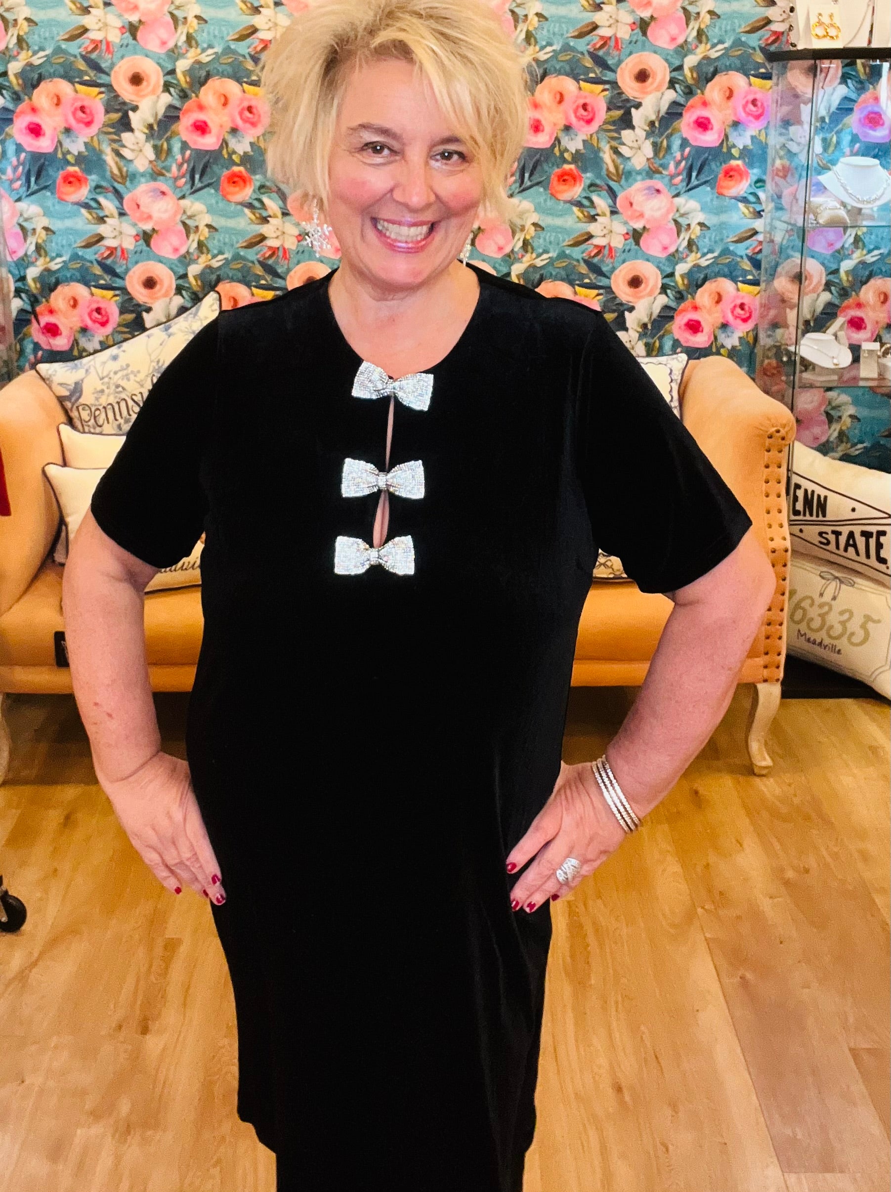 Black Velvet Dress w Sequins Bows