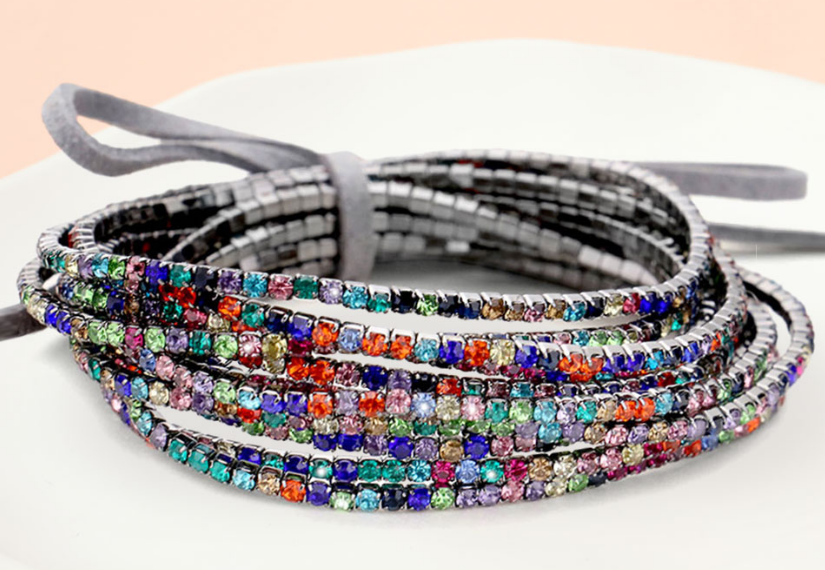 Multi Color Ribbon Colorful Rhinestone Layered  Stretch Bracelets