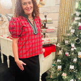 Puff Sleeve Contrast Plaid Top