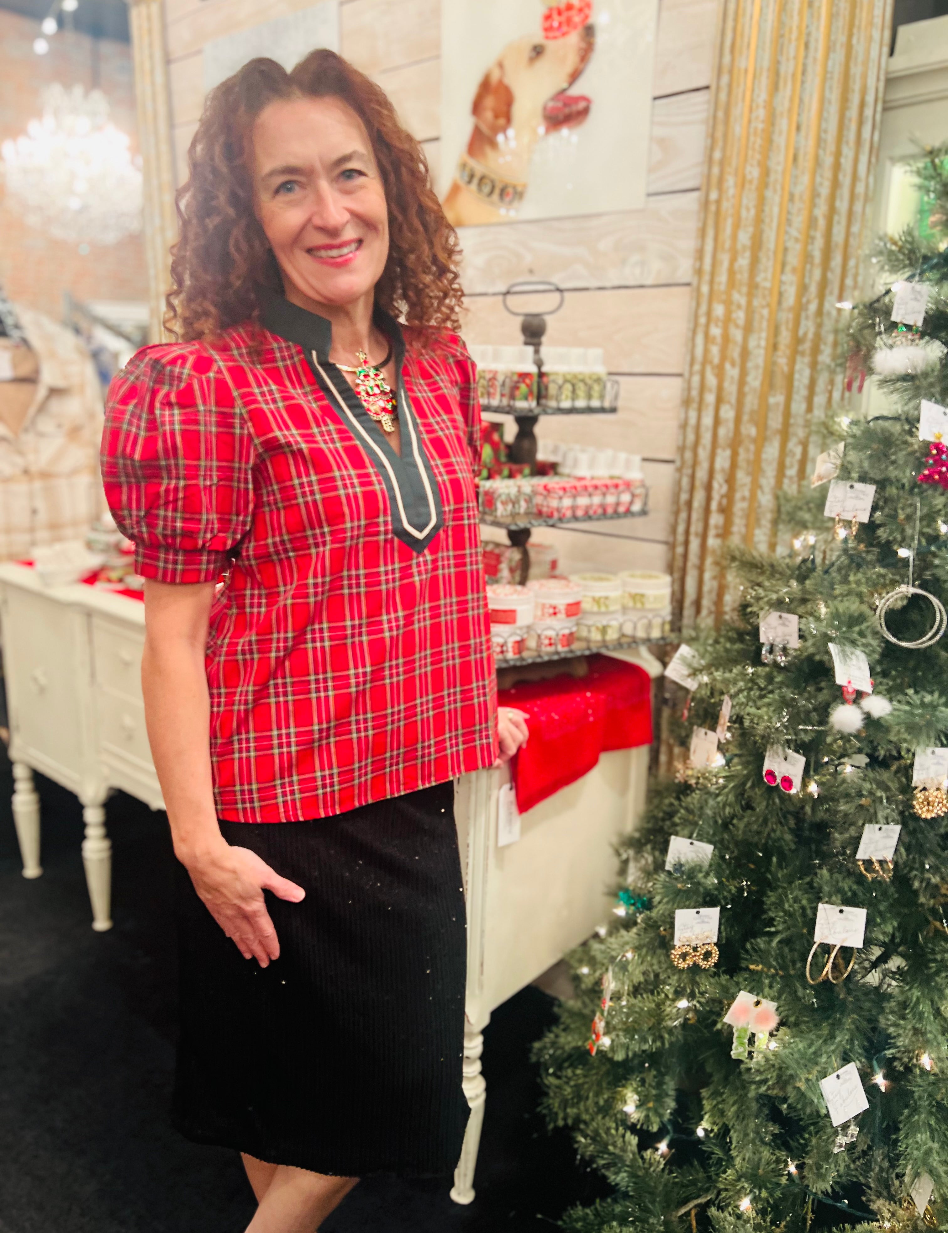 Puff Sleeve Contrast Plaid Top