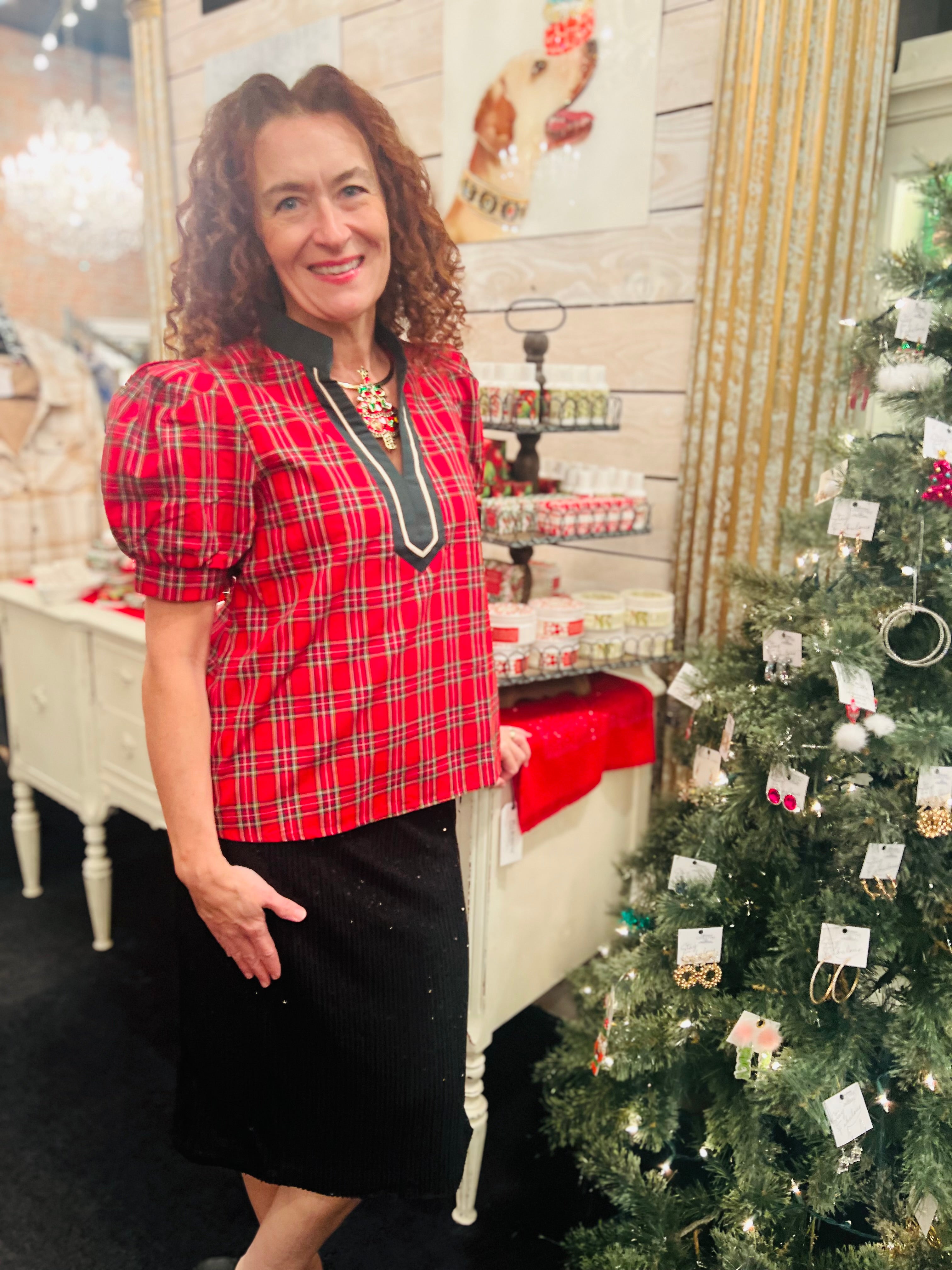 Puff Sleeve Contrast Plaid Top