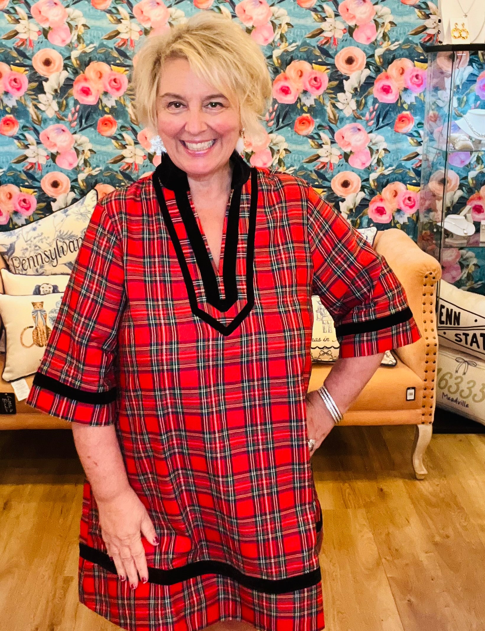 Tartan Dress with Velvet Trim