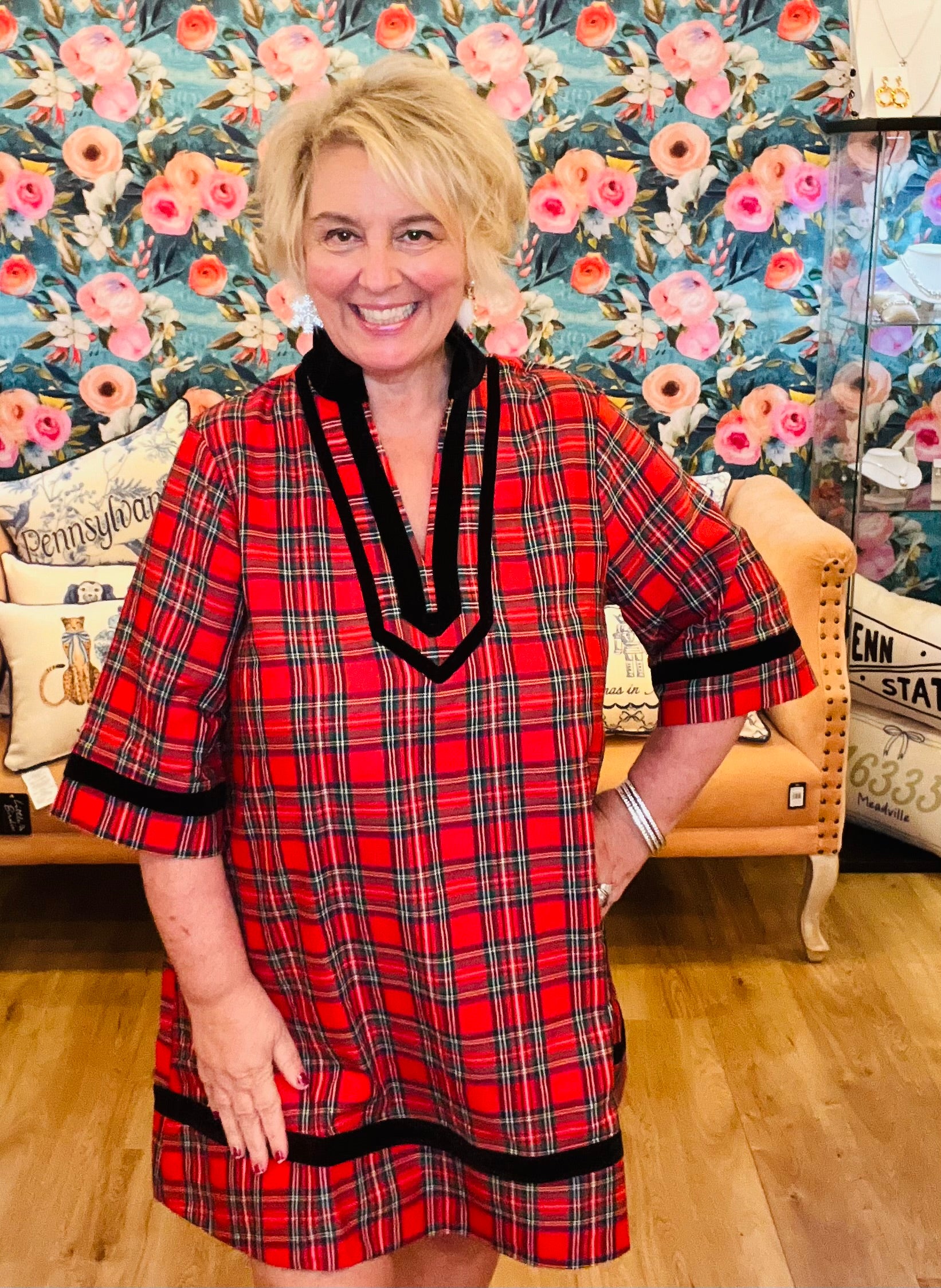 Tartan Dress with Velvet Trim