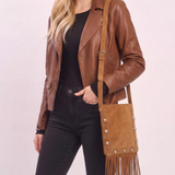 Vintage Camel Studded Faux Suede Fringe Western Crossbody Bag