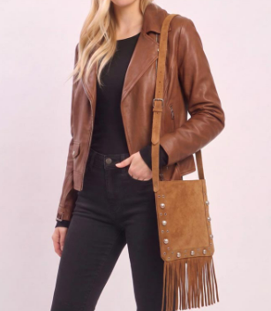 Vintage Camel Studded Faux Suede Fringe Western Crossbody Bag