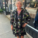 Wildflower pattern belted dress with contrast crochet details 