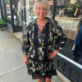 Wildflower pattern belted dress with contrast crochet details 