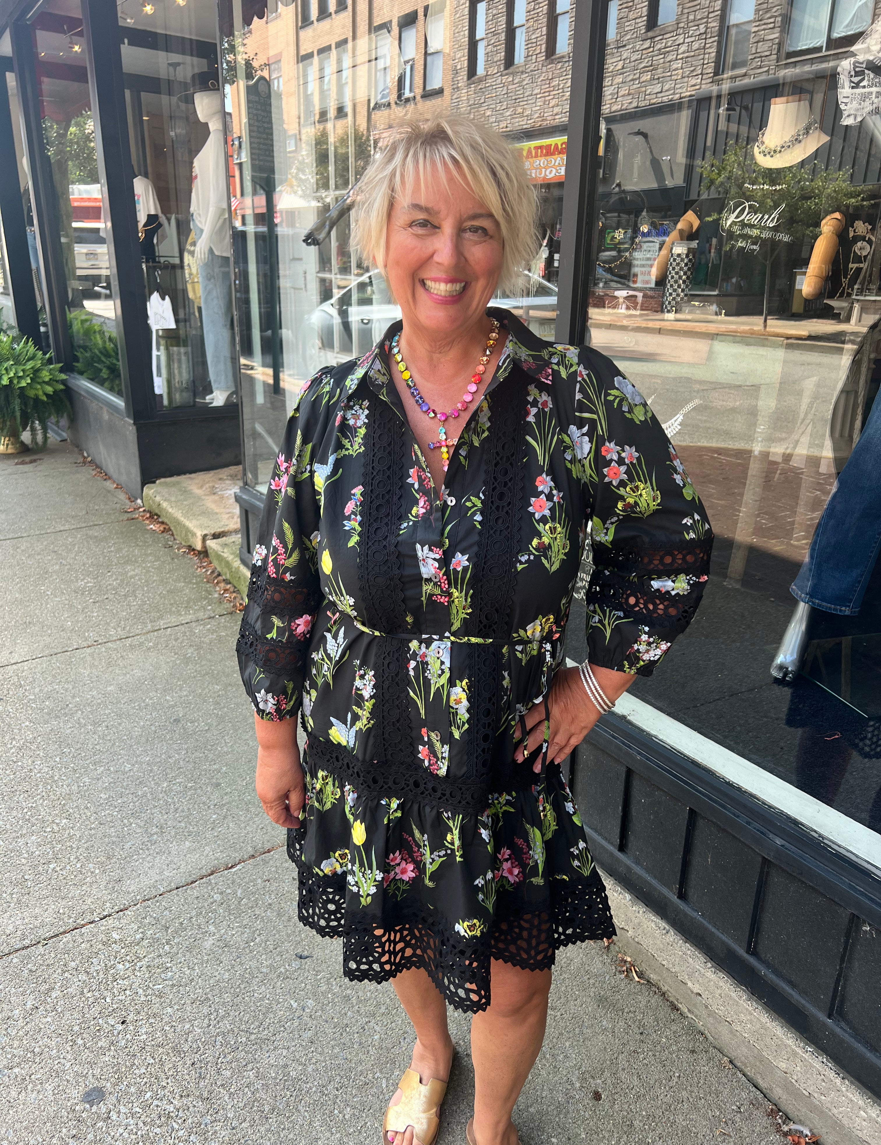 Wildflower pattern belted dress with contrast crochet details 