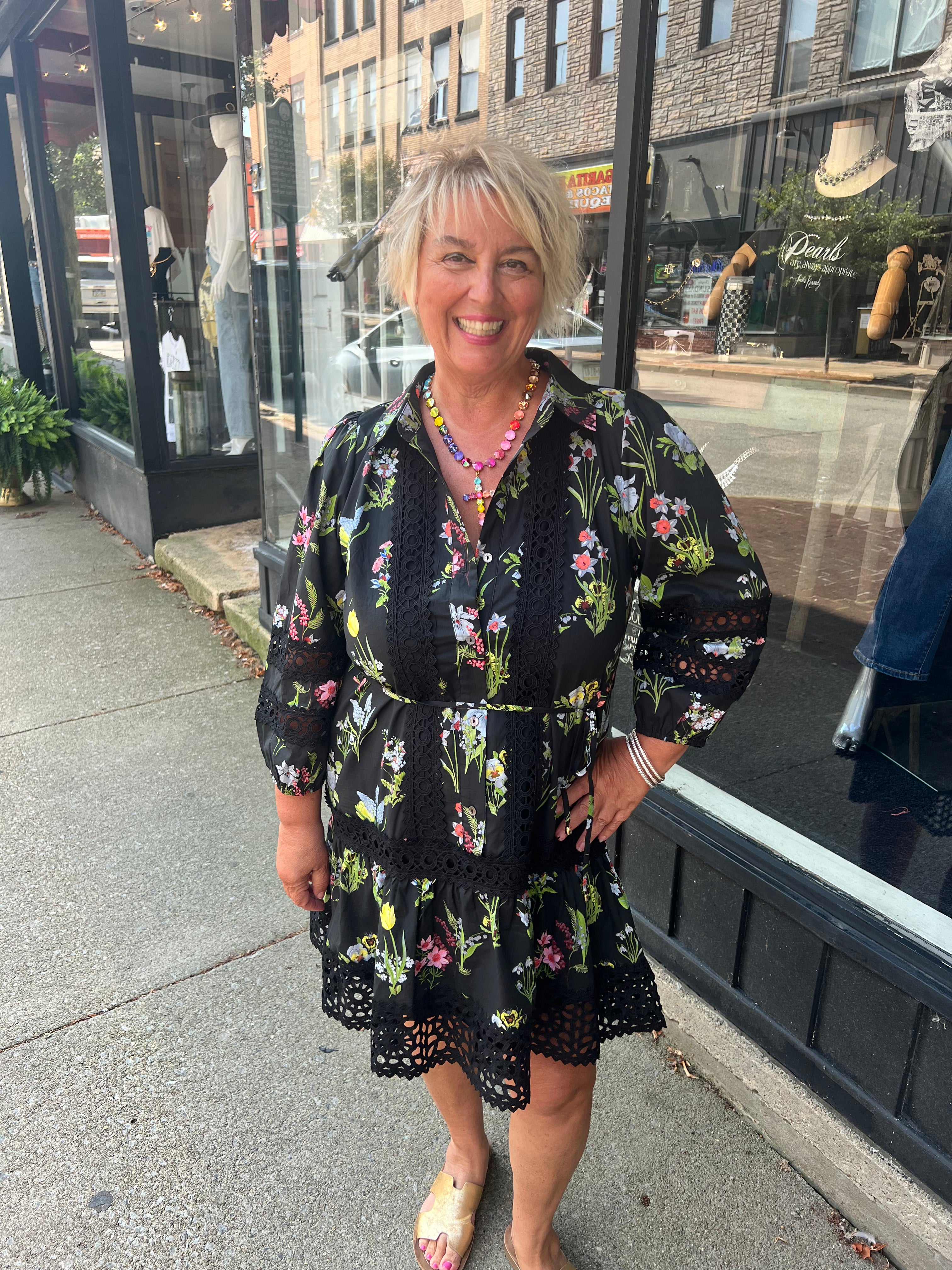 Wildflower pattern belted dress with contrast crochet details 