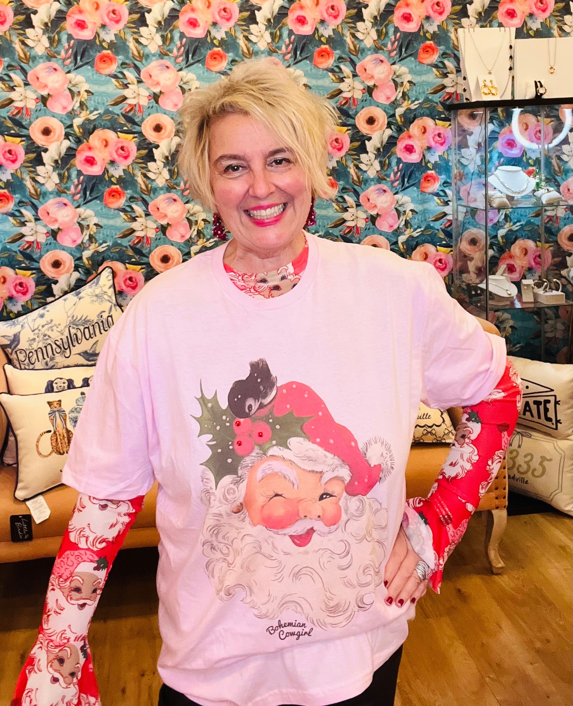 Pink Tee w/ rhinestones & santa