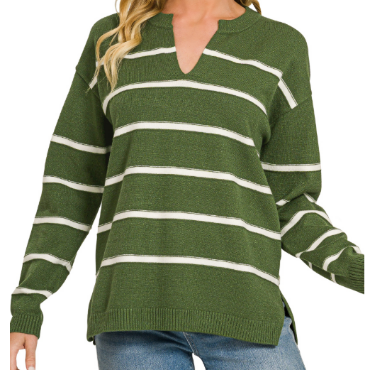 Mocha Stripe Split-Neck Knit Sweater