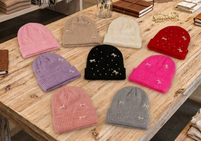 Pearl coquette bow cuff beanie