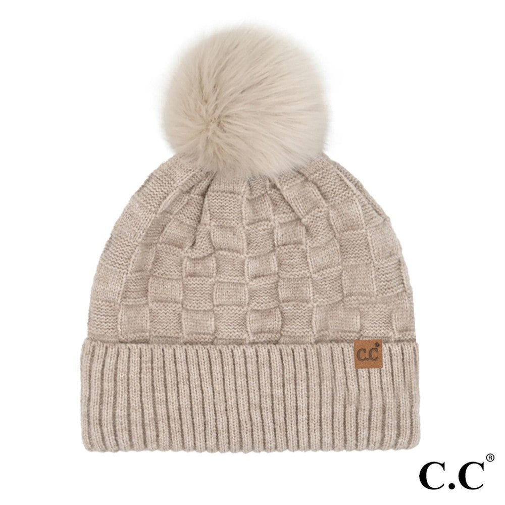 Weave Textured Pompom Beanie