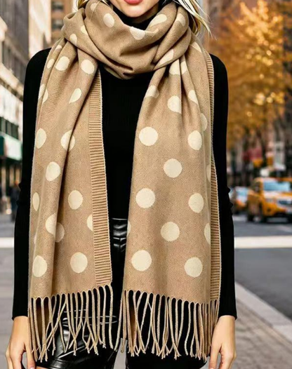 Beige Polka Dot Pattern Fringe Scarf
