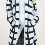 Eyelash Boxy Plaid Long Sleeve Cardigan w/ Pockets