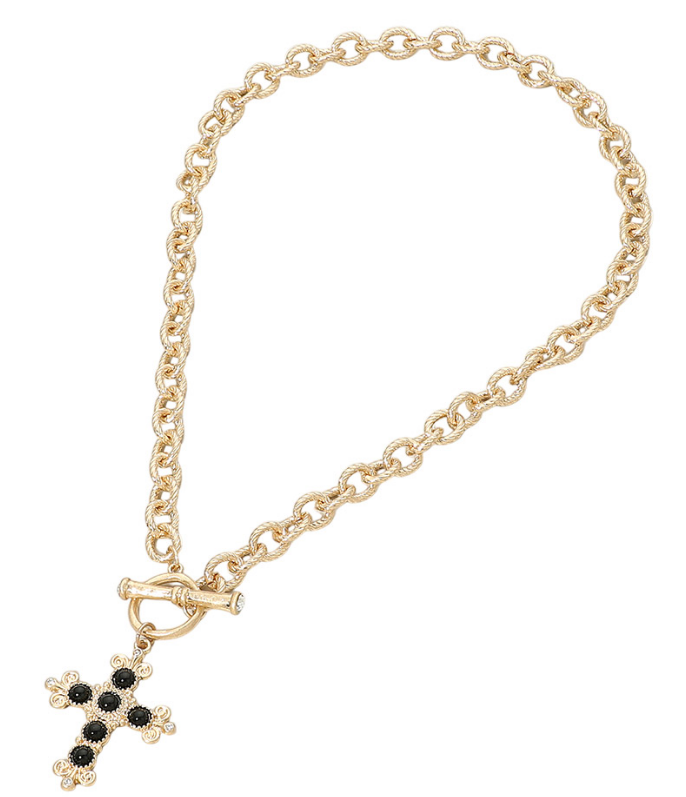 Black Stone Ornate Cross Charm Pendant Toggle Necklace