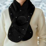 Pearl Embellished Black Patterned Faux Fur Pom Pom Pull Through Scarf