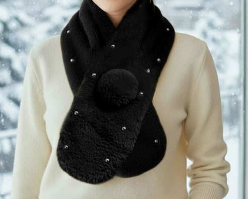 Pearl Embellished Black Patterned Faux Fur Pom Pom Pull Through Scarf