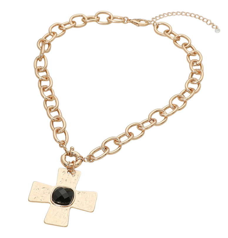 Black Faceted Stone Accent Cross Pendant Chunky Chain Necklace