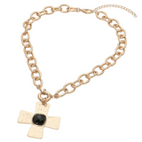 Black Faceted Stone Accent Cross Pendant Chunky Chain Necklace
