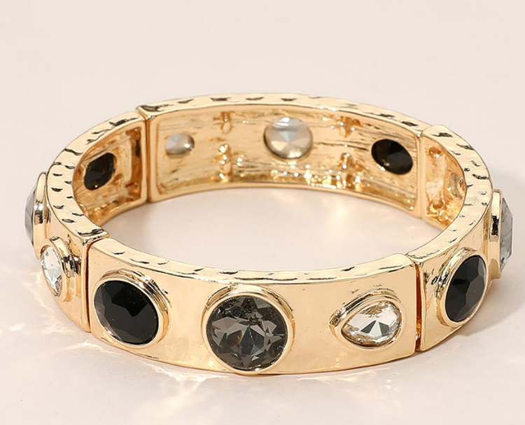 Classic Blacks & Clear Mixed Faceted Stone Accent Bar Stretch Bracelet