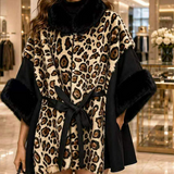 Plush Black Faux Fur Trim Leopard Print Belted Winter Poncho