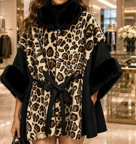 Plush Black Faux Fur Trim Leopard Print Belted Winter Poncho